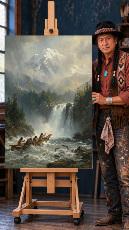 Painting of Native figures paddling a canoe through rapids near a waterfall, with leaping salmon and a snowy mountain above.