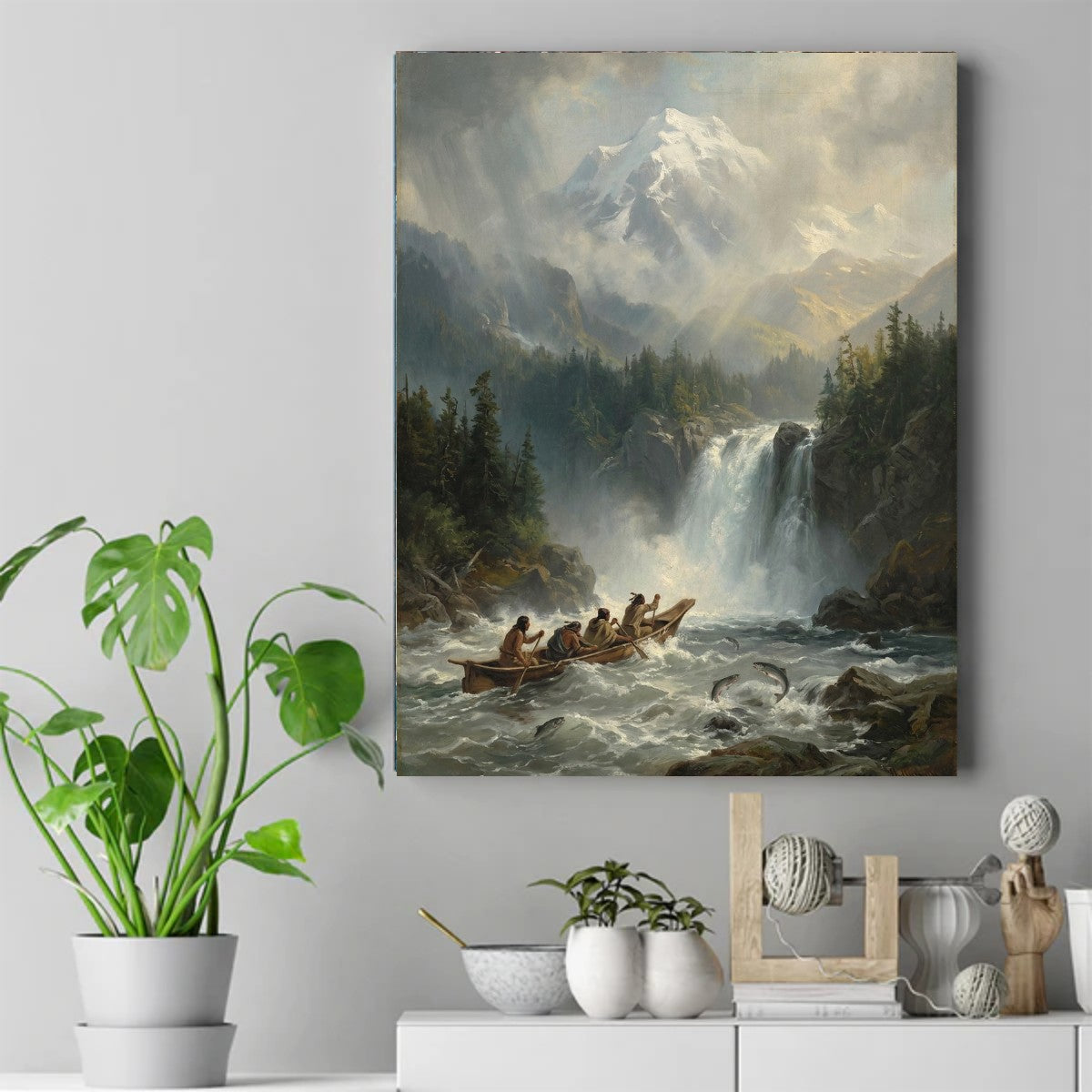 Painting of Native figures paddling a canoe through rapids near a waterfall, with leaping salmon and a snowy mountain above. – ảnh 2
