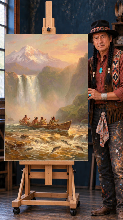 Four Native figures paddling a canoe through rapids with leaping salmon, waterfall and snowy mountain behind them