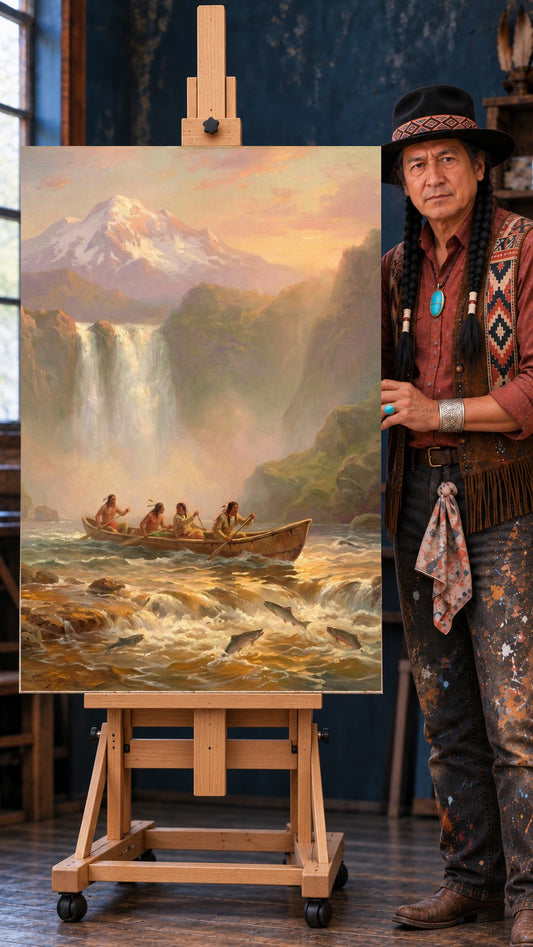 Four Native figures paddling a canoe through rapids with leaping salmon, waterfall and snowy mountain behind them