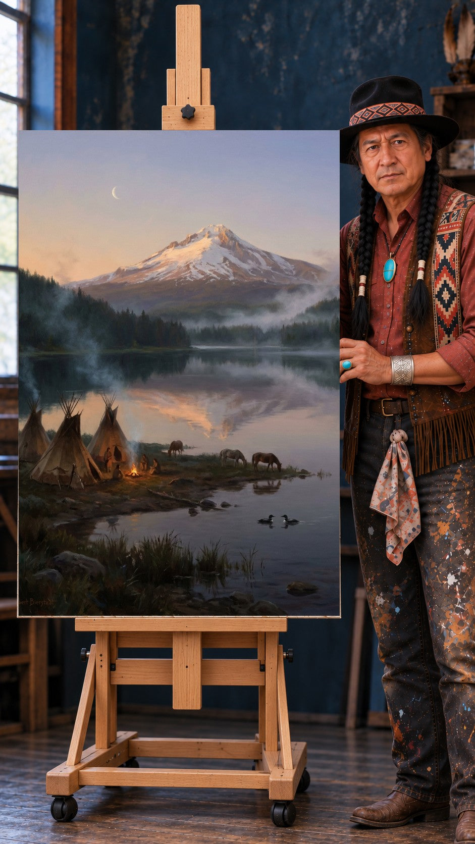 Teepees and a small campfire beside a mountain lake at sunset, with grazing horses, mist and a crescent moon