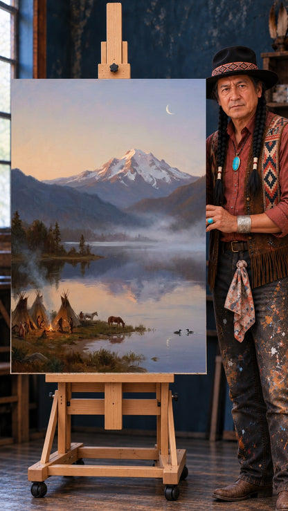 Three tipis by a lake at dusk with a campfire, grazing horses, mist, a snow-capped mountain and a crescent moon overhead
