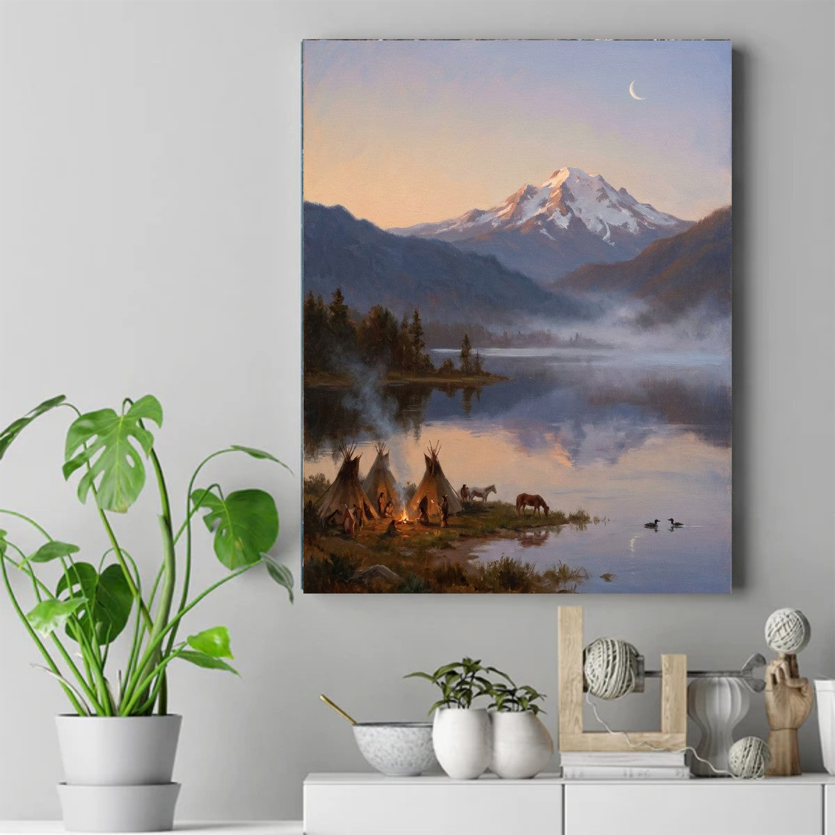 Three tipis by a lake at dusk with a campfire, grazing horses, mist, a snow-capped mountain and a crescent moon overhead – ảnh 2