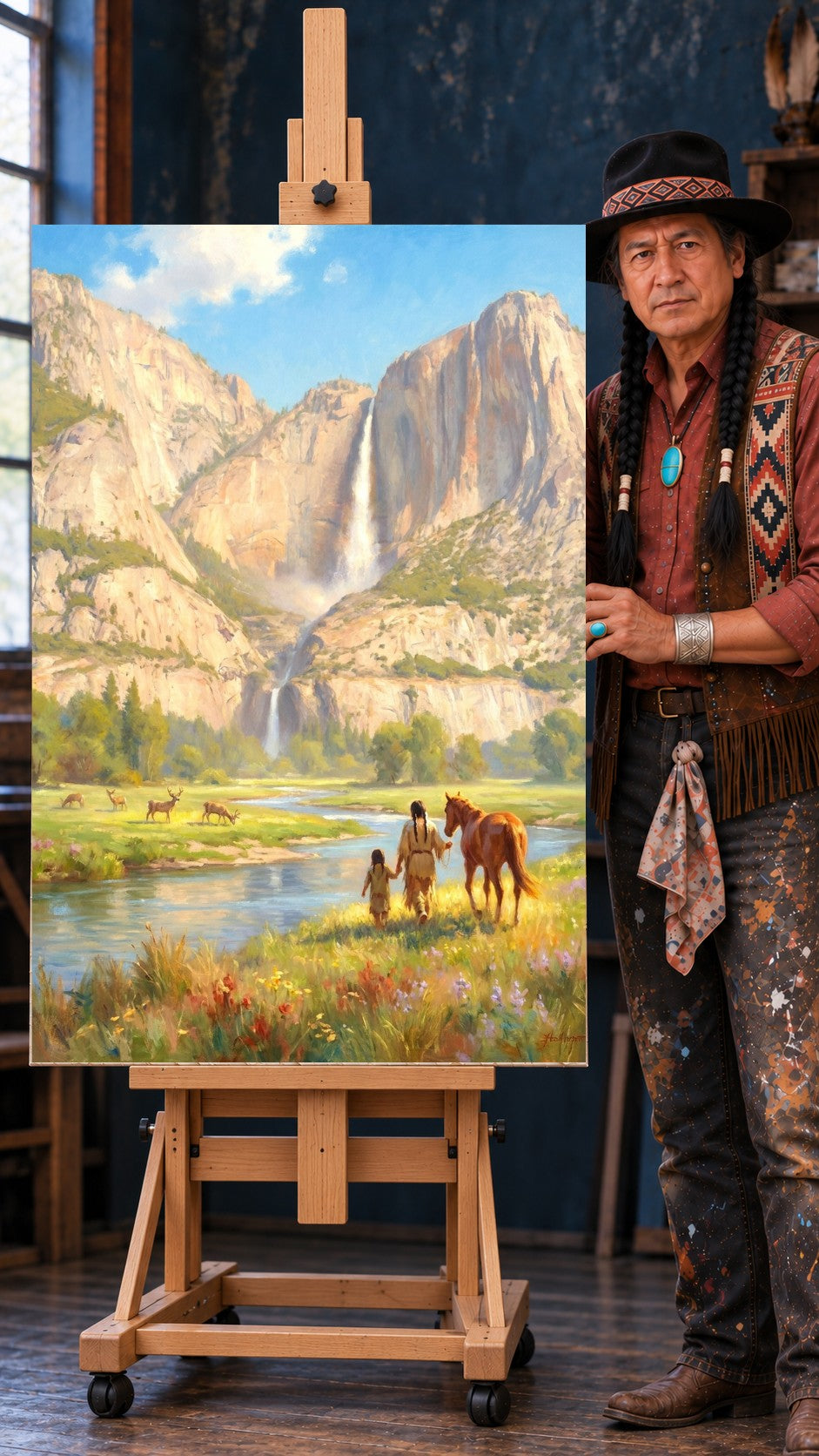 Native father and child walking with a horse by a river, deer grazing on the meadow, waterfall between granite cliffs behind