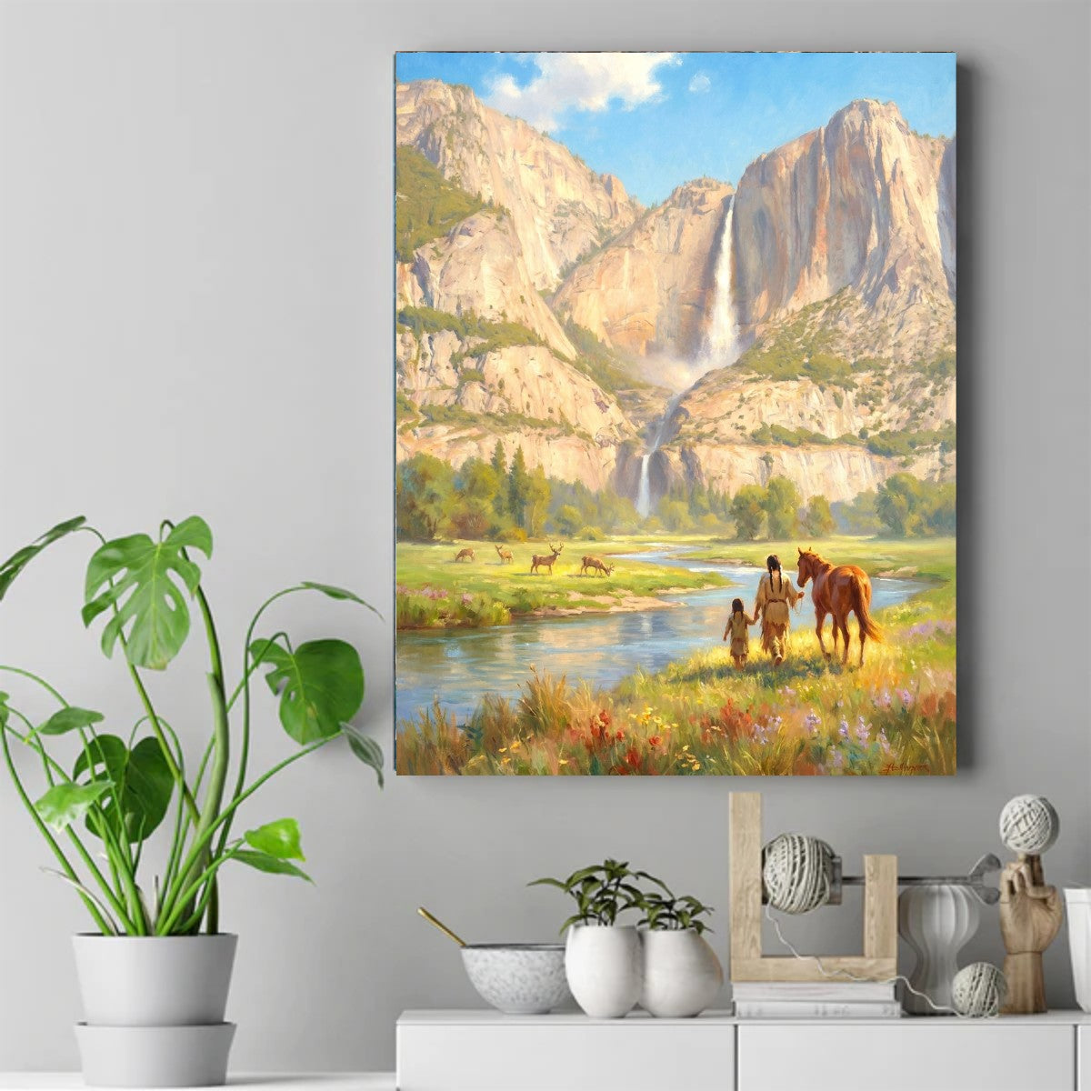 Native father and child walking with a horse by a river, deer grazing on the meadow, waterfall between granite cliffs behind – ảnh 2