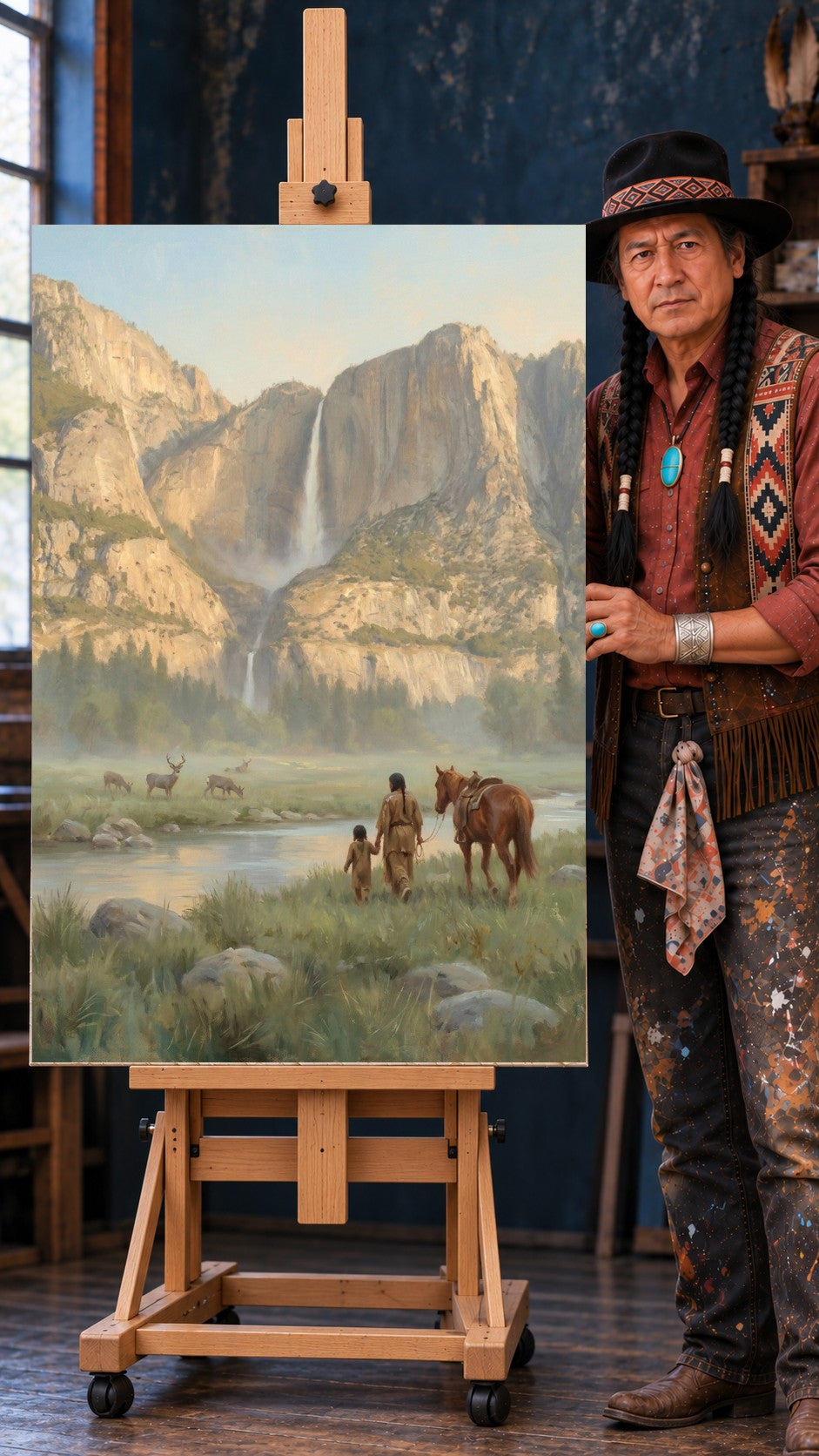 Native American father and child walking with a horse in a valley with elk, river, waterfall, and mountains.
