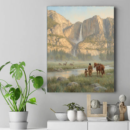 Native American father and child walking with a horse in a valley with elk, river, waterfall, and mountains. – ảnh 2