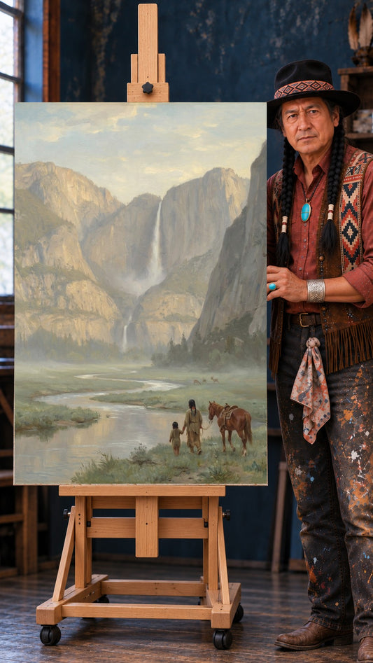 Painting of a Native father and child holding hands, walking with a horse by a river below a tall waterfall and cliffs.