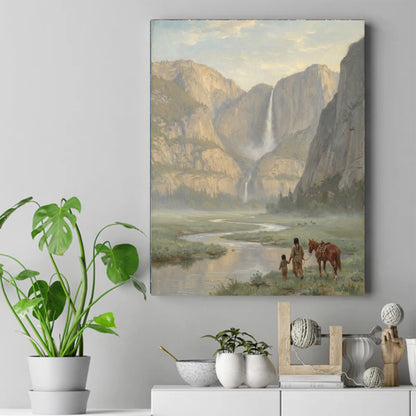 Painting of a Native father and child holding hands, walking with a horse by a river below a tall waterfall and cliffs. – ảnh 2