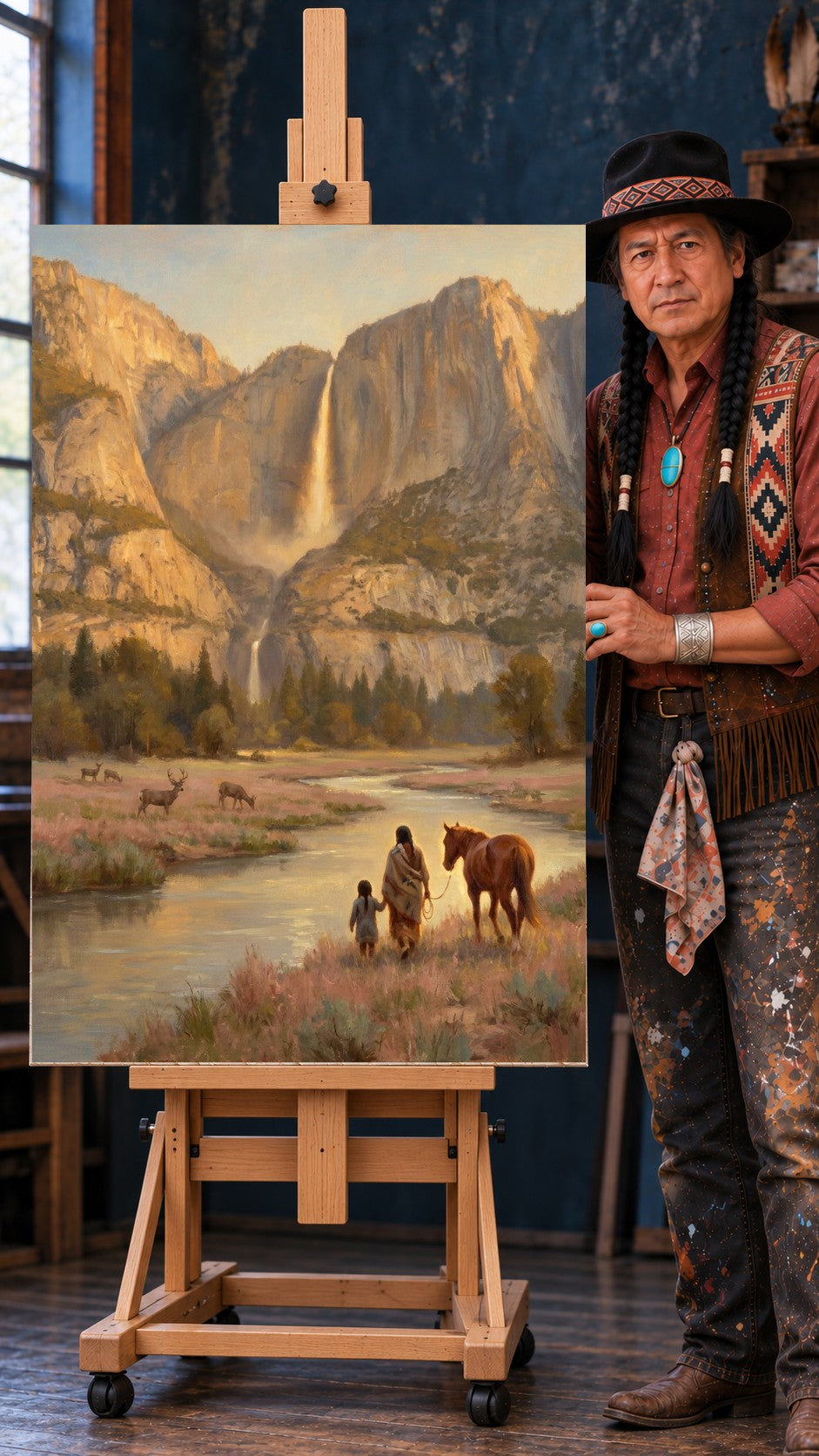 Native woman and child holding hands walking with a horse by a river, deer grazing, waterfall and granite cliffs behind