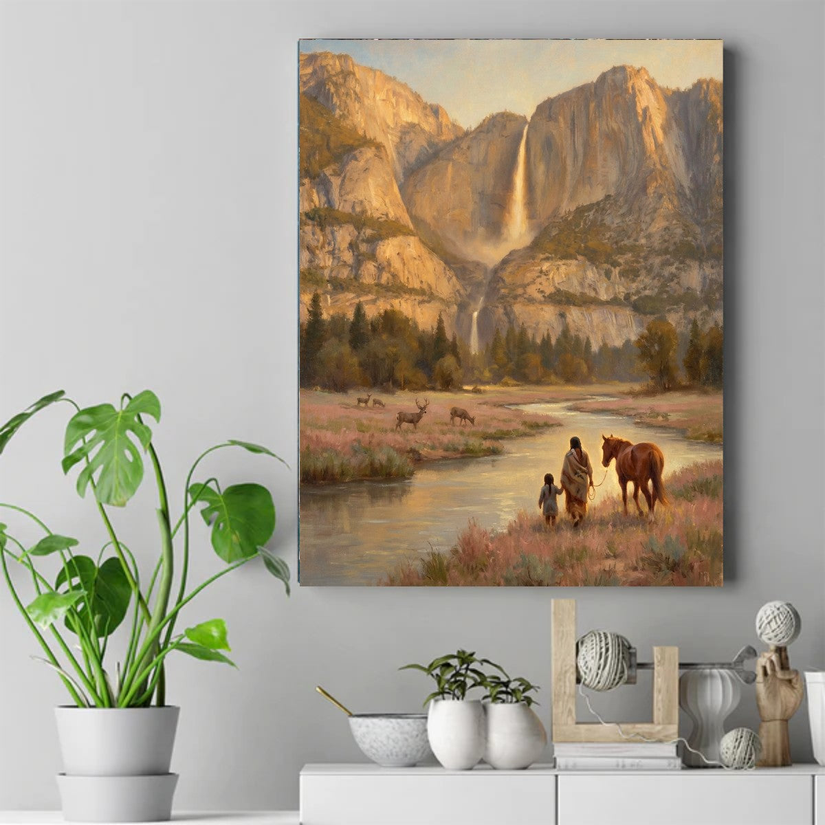 Native woman and child holding hands walking with a horse by a river, deer grazing, waterfall and granite cliffs behind – ảnh 2