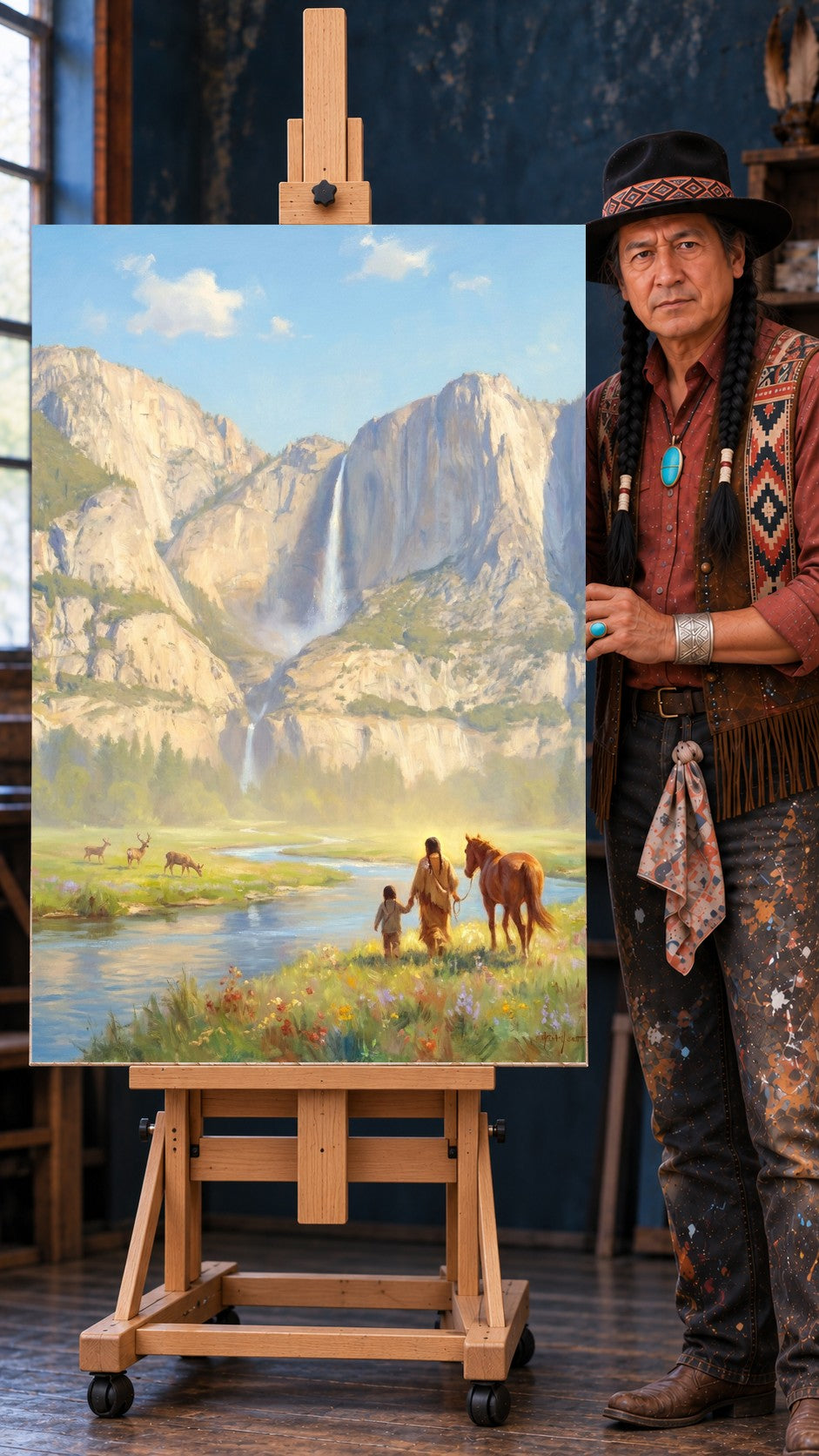 Native American man and child walking hand in hand with a horse past deer, a river, and a waterfall.