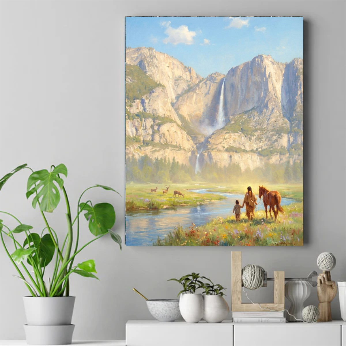Native American man and child walking hand in hand with a horse past deer, a river, and a waterfall. – ảnh 2
