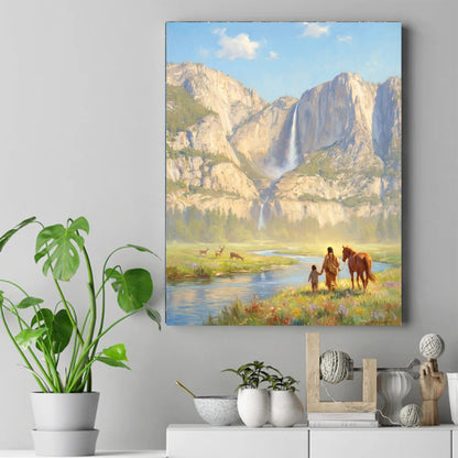 Native American man and child walking hand in hand with a horse past deer, a river, and a waterfall. – ảnh 2