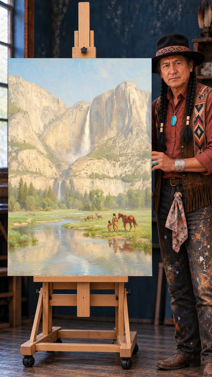Painting of Native figures and a brown horse standing by a river, with deer, green meadow, tall cliffs, waterfall behind them.