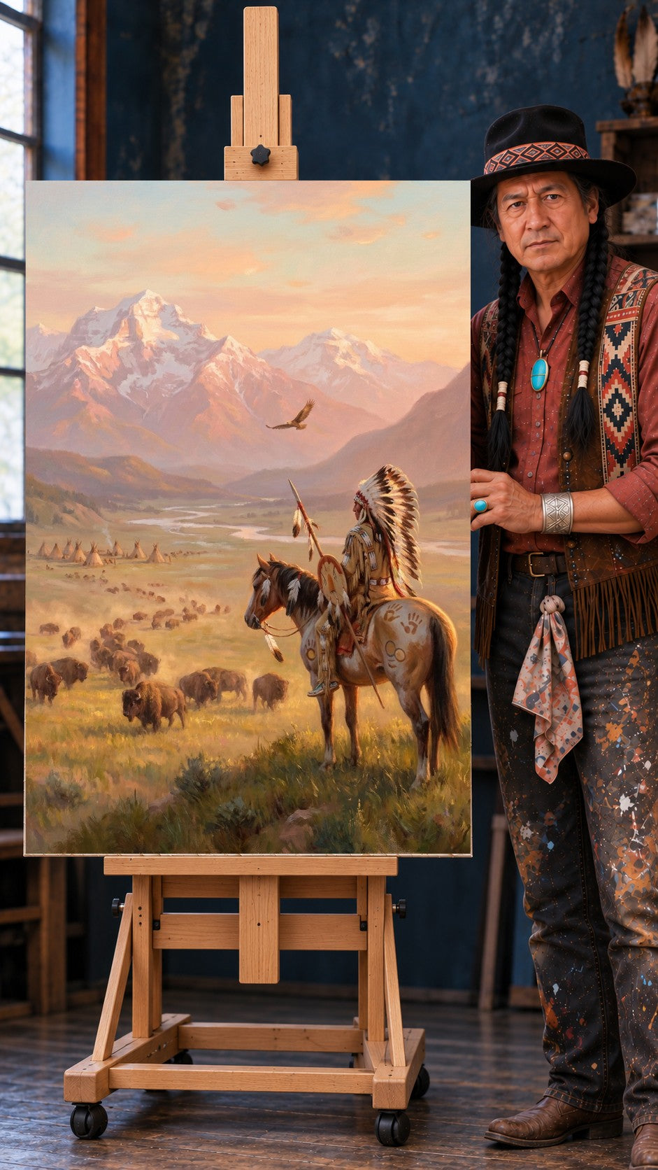 Native American rider on a horse in a feathered headdress overlooking bison, teepees, and mountains at sunset