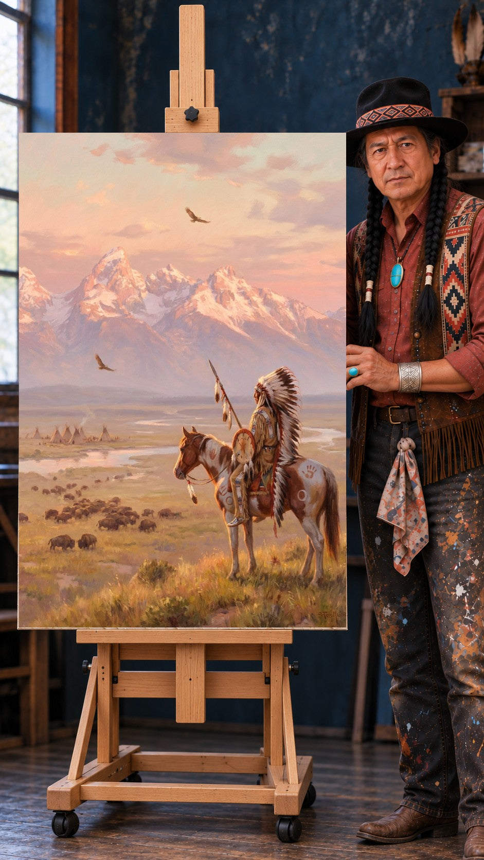 Native warrior in a feathered headdress on a pinto horse overlooking bison and teepees below snowy peaks at sunset