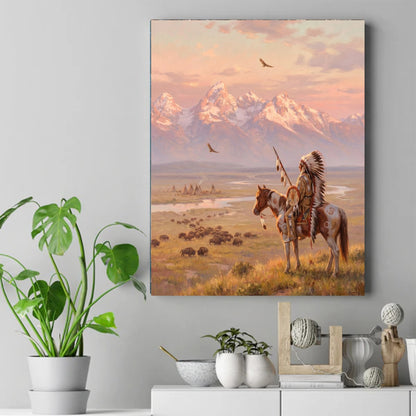 Native warrior in a feathered headdress on a pinto horse overlooking bison and teepees below snowy peaks at sunset – ảnh 2