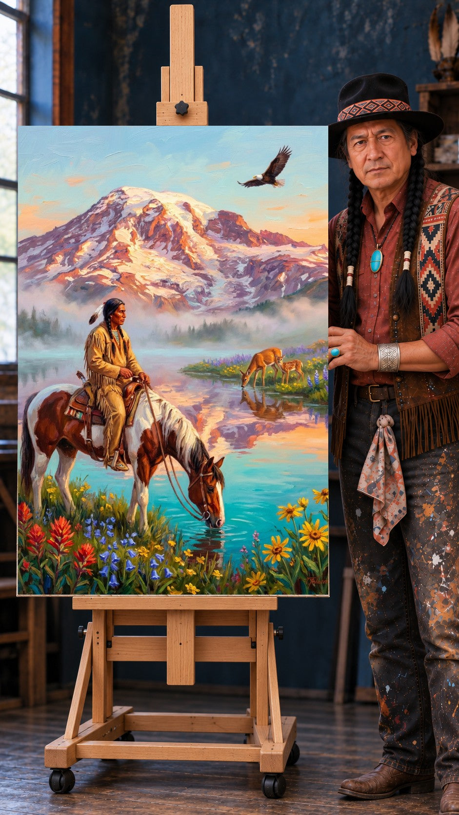 Native American man on a pinto horse at a mountain lake with an eagle overhead, deer drinking, and wildflowers below