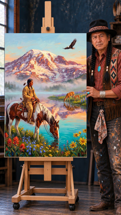 Native American man on a pinto horse at a mountain lake with an eagle overhead, deer drinking, and wildflowers below