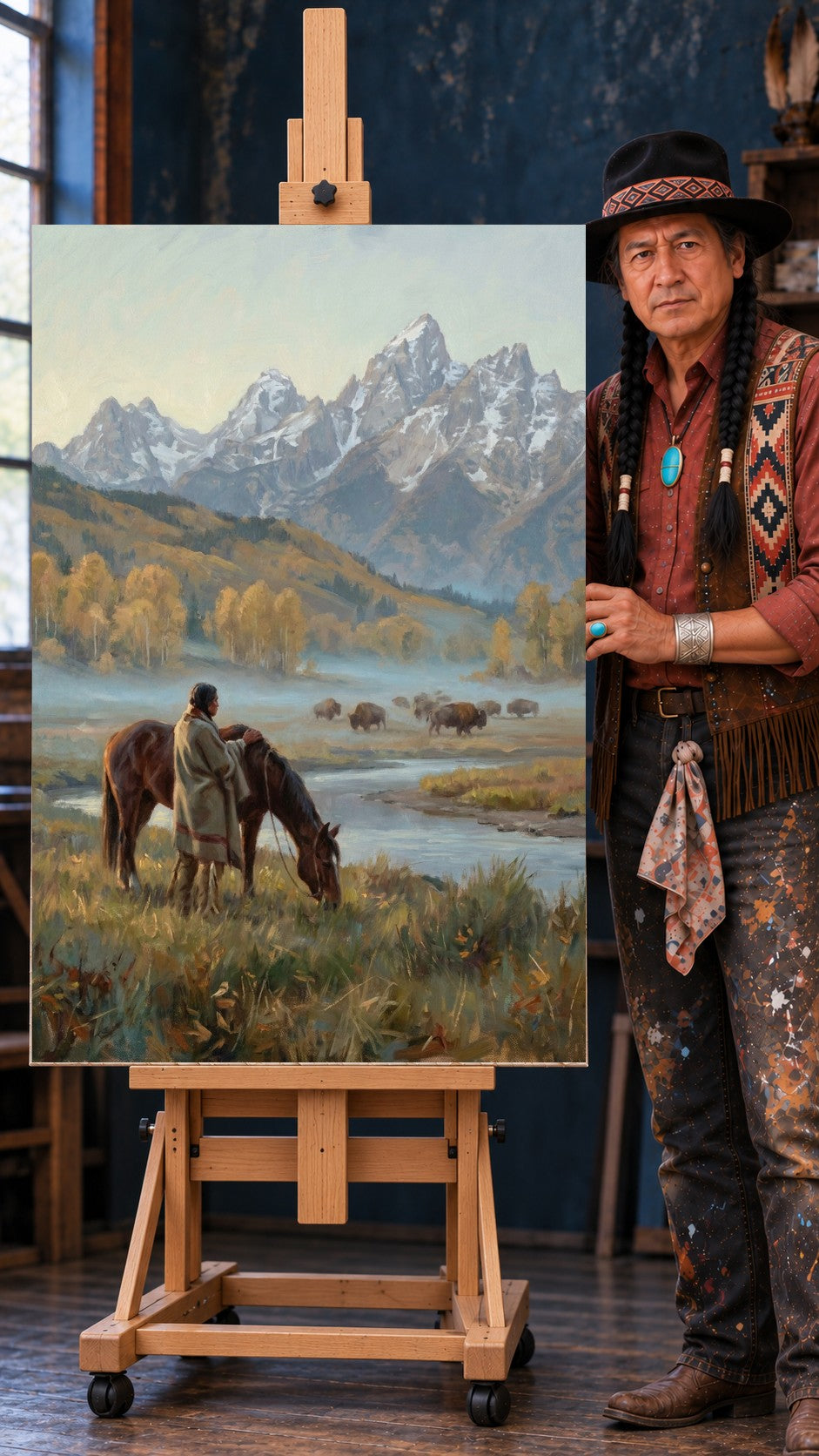 Native man beside a brown horse, bison grazing in a misty autumn valley with snow-capped mountains behind.