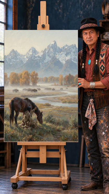 Native man kneeling beside a brown horse, with a bison herd grazing in a misty autumn valley below snowy mountains