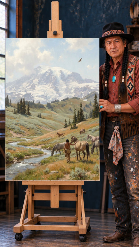 Native figure standing beside horses in a green valley with a stream, pine trees, a snow-capped mountain and a flying eagle.