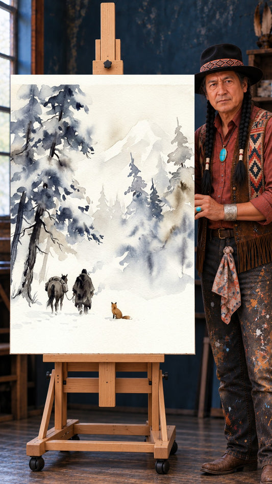 Watercolor painting of a cloaked figure leading a horse through snow past pine trees, with a red fox sitting nearby.