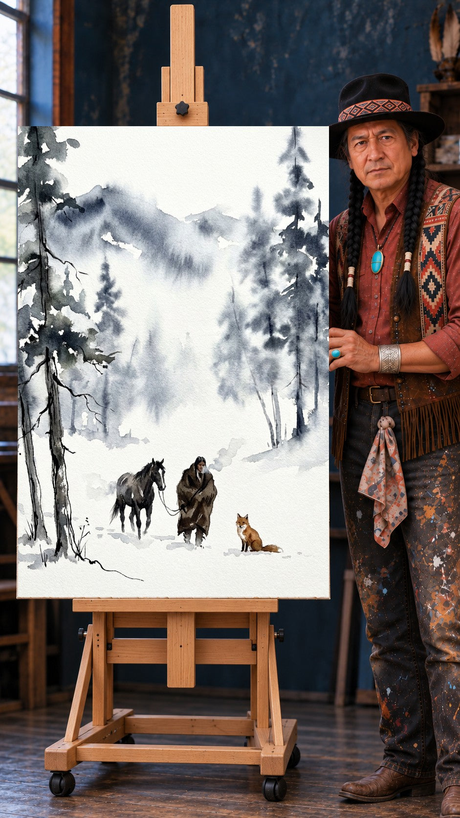 Watercolor painting of a Native figure leading a dark horse through snowy pines with a red fox in the snow