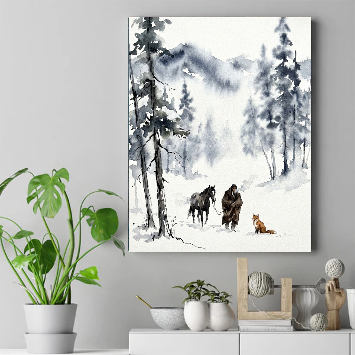 Watercolor painting of a Native figure leading a dark horse through snowy pines with a red fox in the snow – ảnh 2