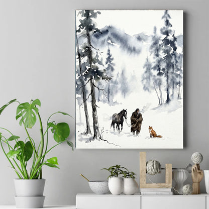 Watercolor painting of a Native figure leading a dark horse through snowy pines with a red fox in the snow – ảnh 2