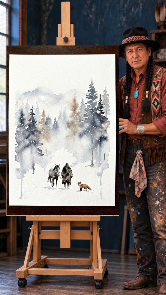 Watercolor painting of a cloaked figure leading a gray horse through snowy pine trees with a red fox beside them