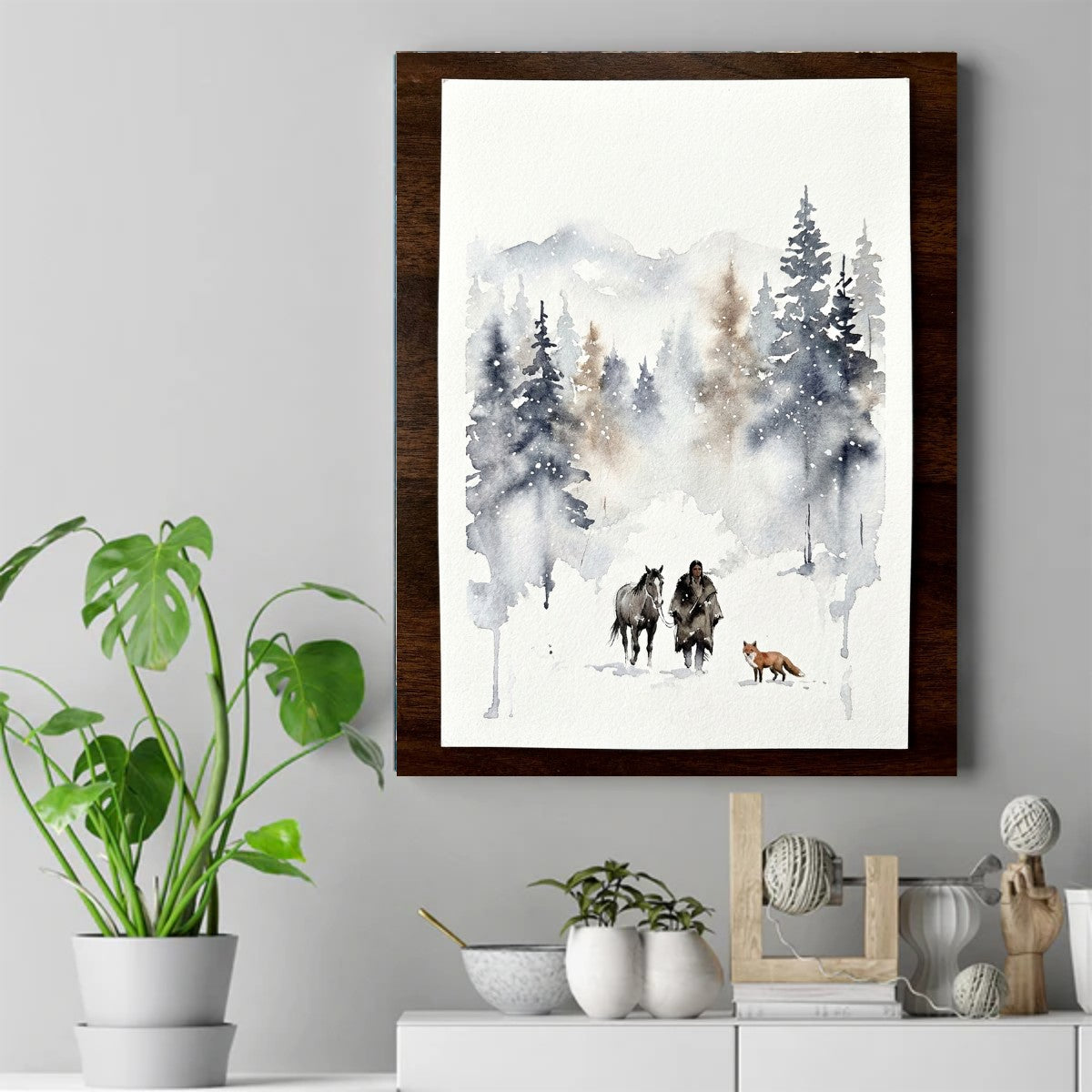 Watercolor painting of a cloaked figure leading a gray horse through snowy pine trees with a red fox beside them – ảnh 2