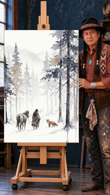 Watercolor of a person in a cloak leading a horse through a snowy pine forest, with a red fox watching in the snow.