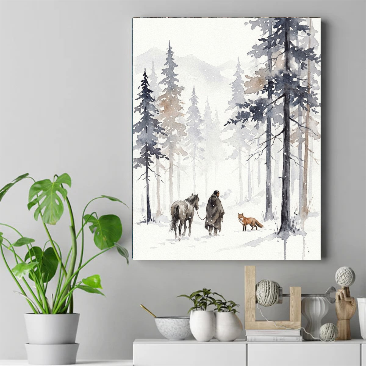 Watercolor of a person in a cloak leading a horse through a snowy pine forest, with a red fox watching in the snow. – ảnh 2
