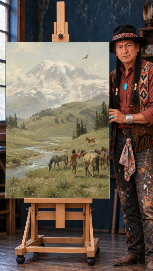 Native man walking beside horses near a stream, snow-capped mountain and eagle behind