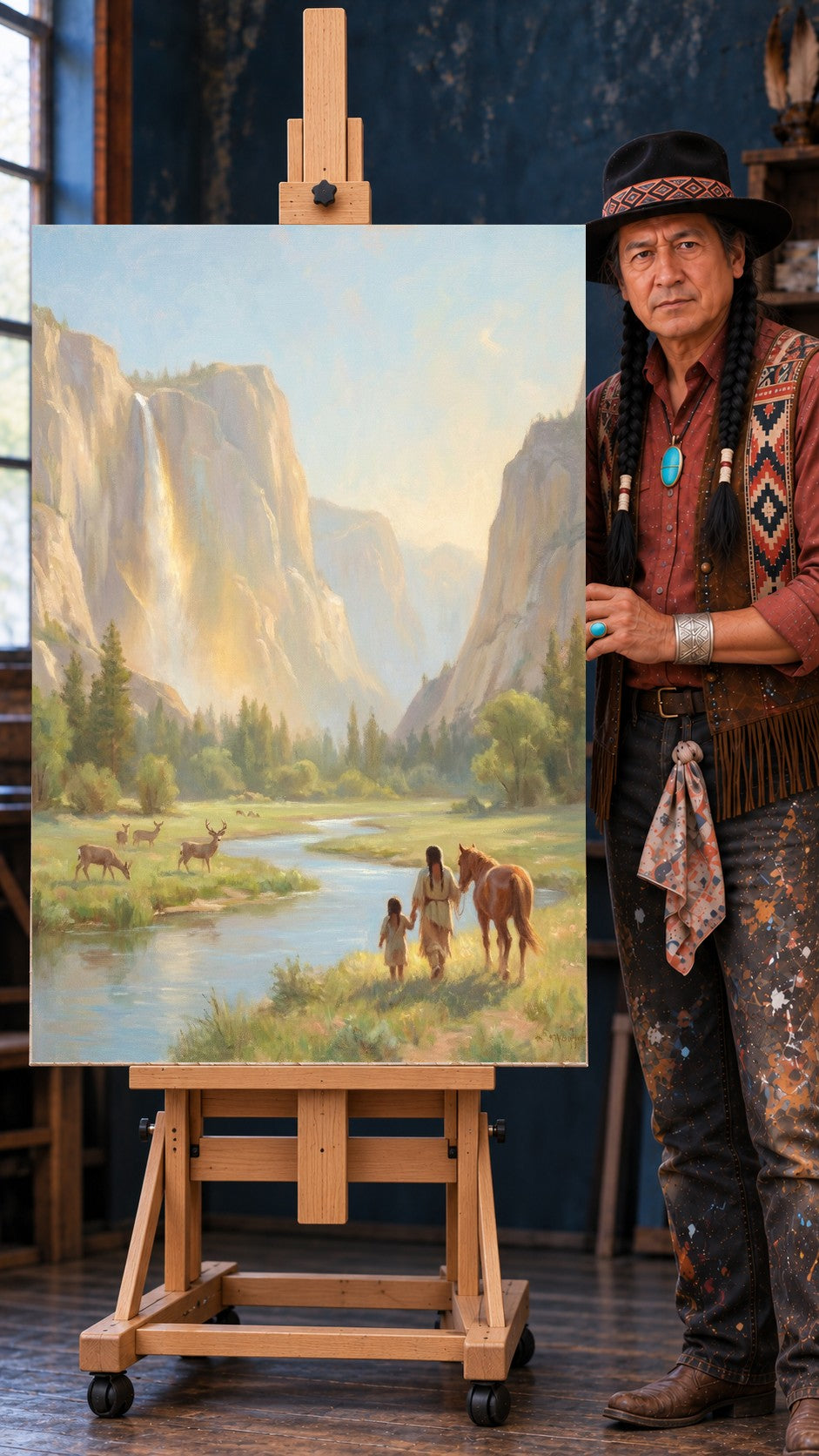 Painting of a Native woman and child holding hands by a river with a horse, deer, and a waterfall in a canyon