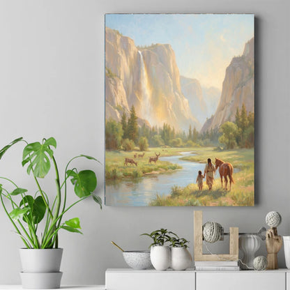 Painting of a Native woman and child holding hands by a river with a horse, deer, and a waterfall in a canyon – ảnh 2