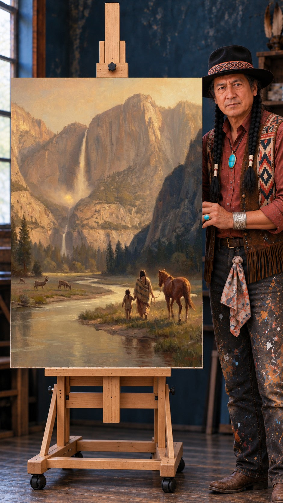 Native American parent and child hand in hand with a horse along a river, deer grazing, waterfall and mountains in warm light.