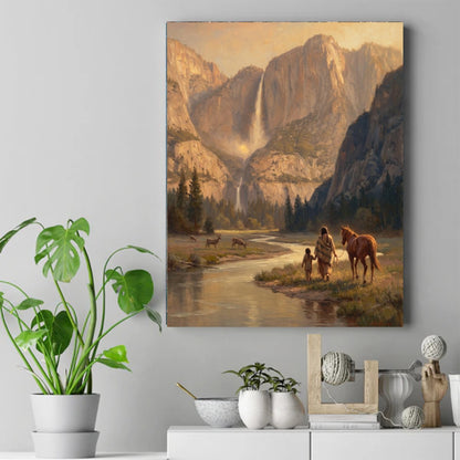 Native American parent and child hand in hand with a horse along a river, deer grazing, waterfall and mountains in warm light. – ảnh 2