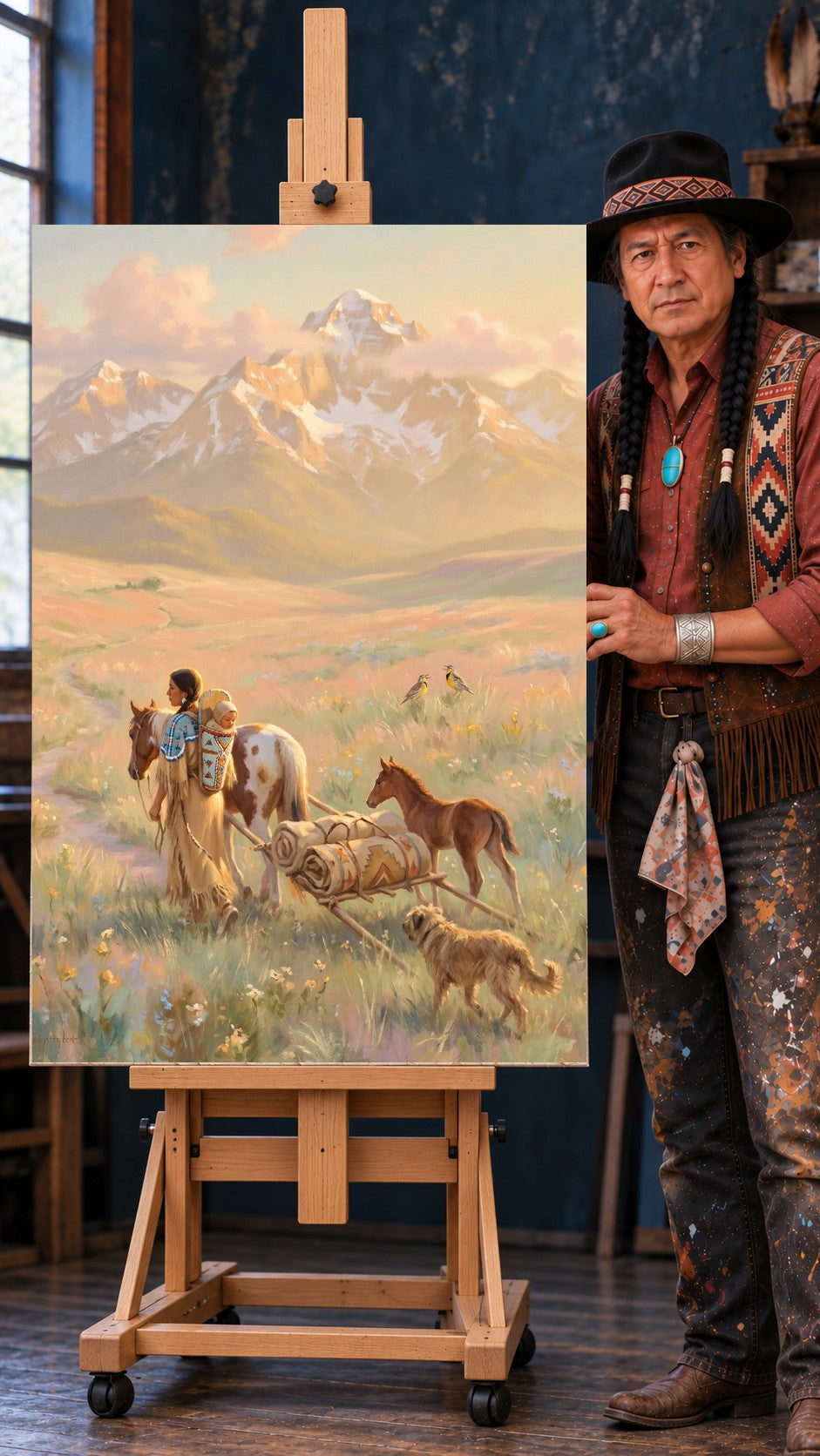 Native woman with a baby in a cradleboard leading a horse and travois with a foal and dog in a mountain meadow.