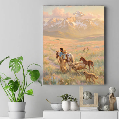 Native woman with a baby in a cradleboard leading a horse and travois with a foal and dog in a mountain meadow. – ảnh 2
