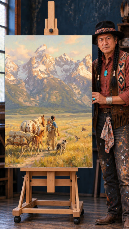 Native American mother with a baby in a cradleboard walking beside horses, a foal, and a dog toward snowy mountains