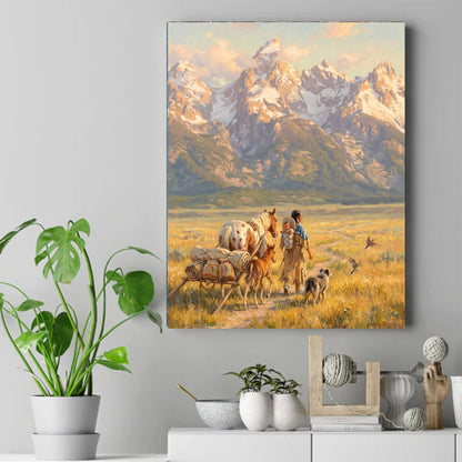 Native American mother with a baby in a cradleboard walking beside horses, a foal, and a dog toward snowy mountains – ảnh 2