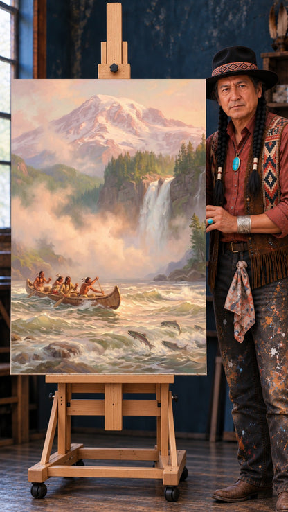 Native paddlers in a canoe riding river rapids with leaping salmon, a waterfall and a snow-capped mountain at sunrise