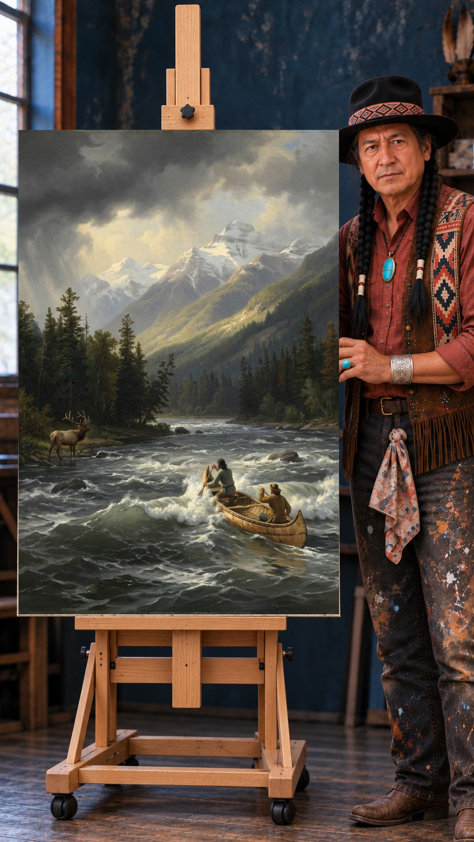 Two Native men paddling a canoe through foaming river rapids, with an elk on the bank and snow-capped mountains behind.
