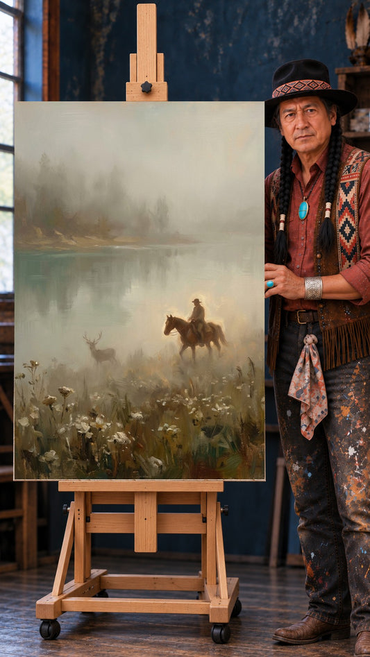 Native rider on horseback and a deer standing in mist beside a calm lake, with white wildflowers in the foreground