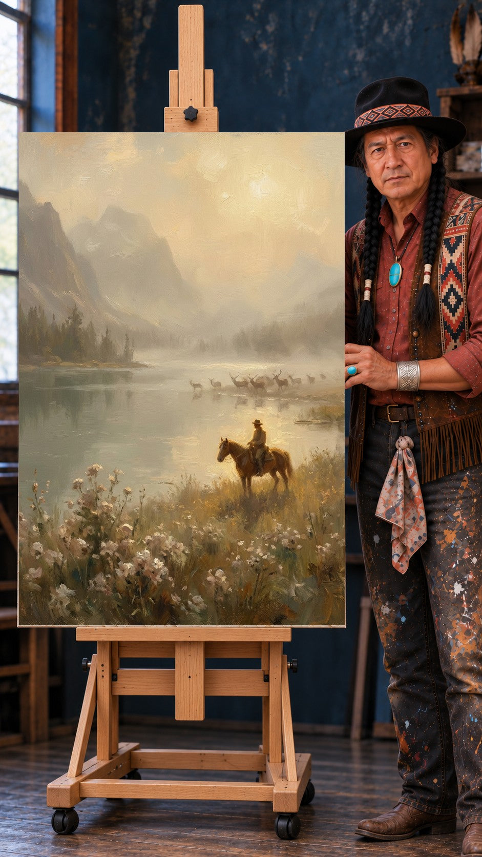 Native rider in a wide-brim hat on a brown horse beside a misty lake at golden hour, deer wading in the water