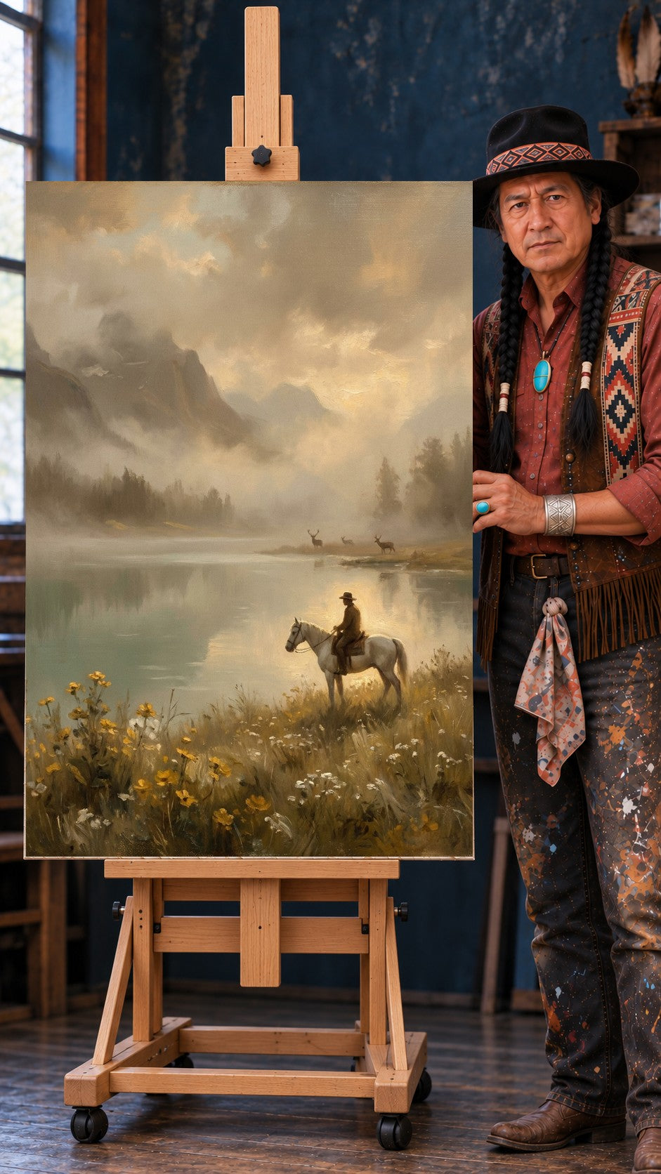 Rider on a white horse beside a misty lake with deer grazing, mountains and yellow wildflowers