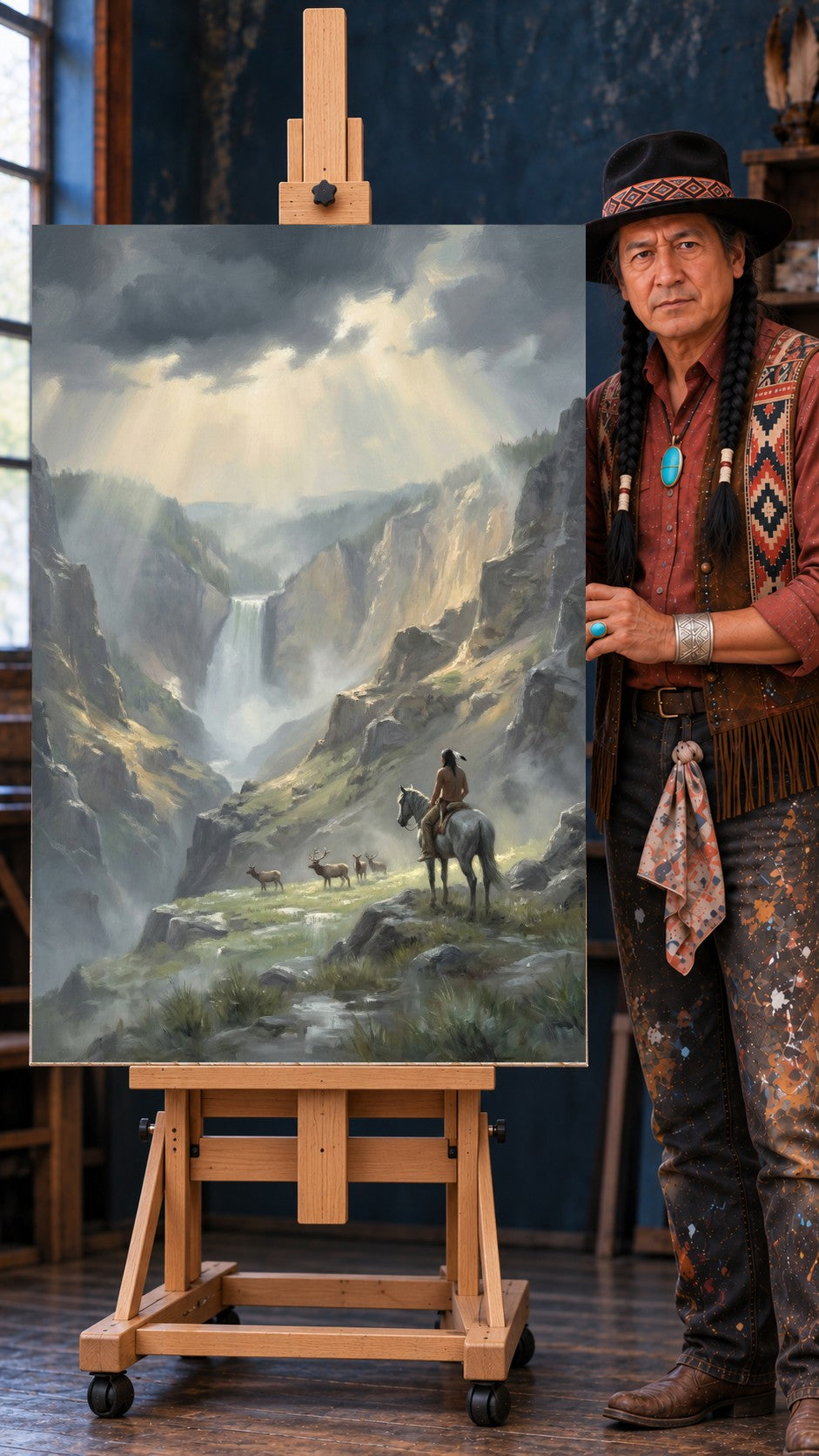 Native rider on a pale horse overlooking a canyon waterfall and deer, with sunbeams breaking through dark clouds.